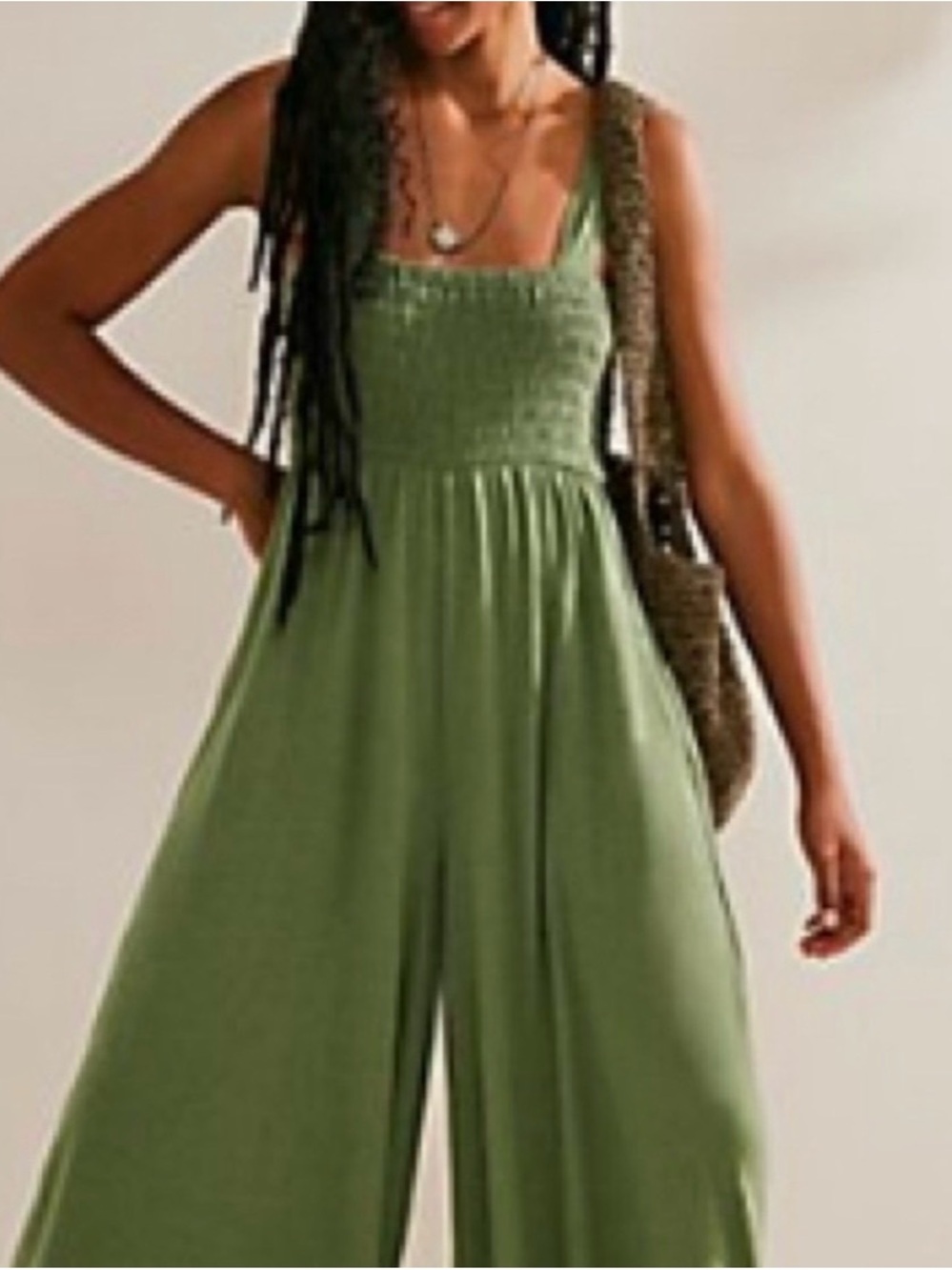 Free People NWT Homecoming Jumper XL Olive Smocked Square-Neck Wide-Leg Jumpsuit